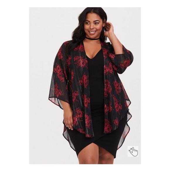 Torrid Black&Red Floral Chiffon Kimono Sz.3/4 - Picture 1 of 16